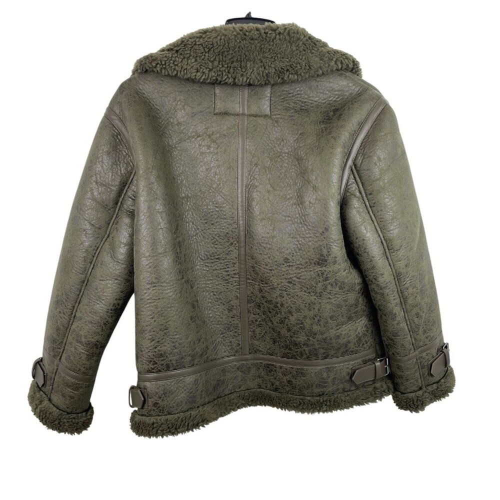 American Eagle Womens Olive Green Oversized Shearling Biker Jacket Size MEDIUM - Picture 2 of 10